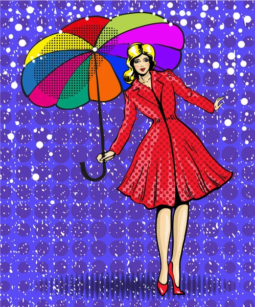 Νεαρή όμορφη γυναίκα με ομπρέλα εικονογράφηση διάνυσμα Ποπ Αρτ — Διανυσματικό Αρχείο