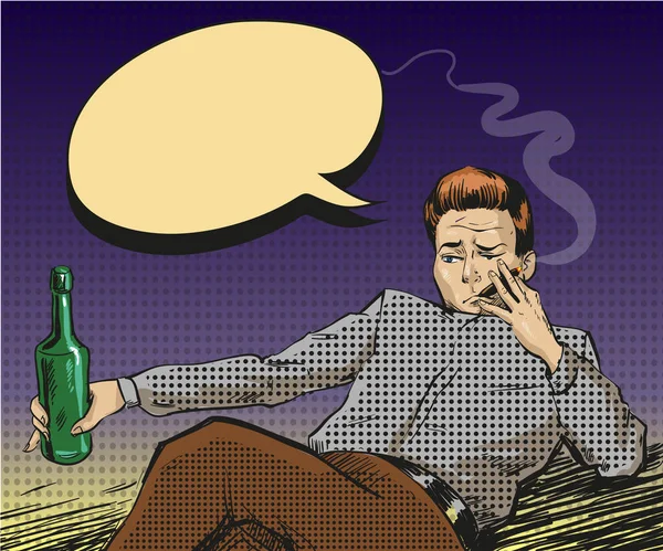 Illustration vectorielle pop art de l'homme fumeur avec bouteille — Image vectorielle