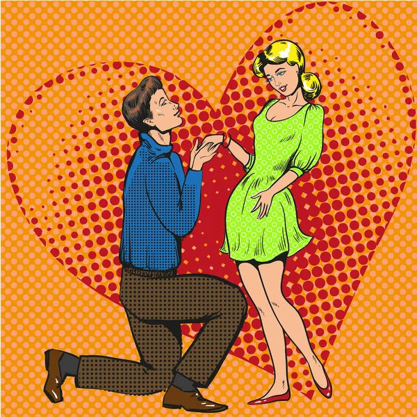 Arte pop vettoriale illustrazione dell'uomo che propone il matrimonio alla fidanzata — Vettoriale Stock
