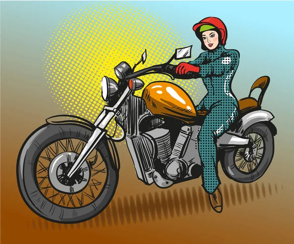 Illustration vectorielle pop art d'une femme assise sur une moto — Image vectorielle