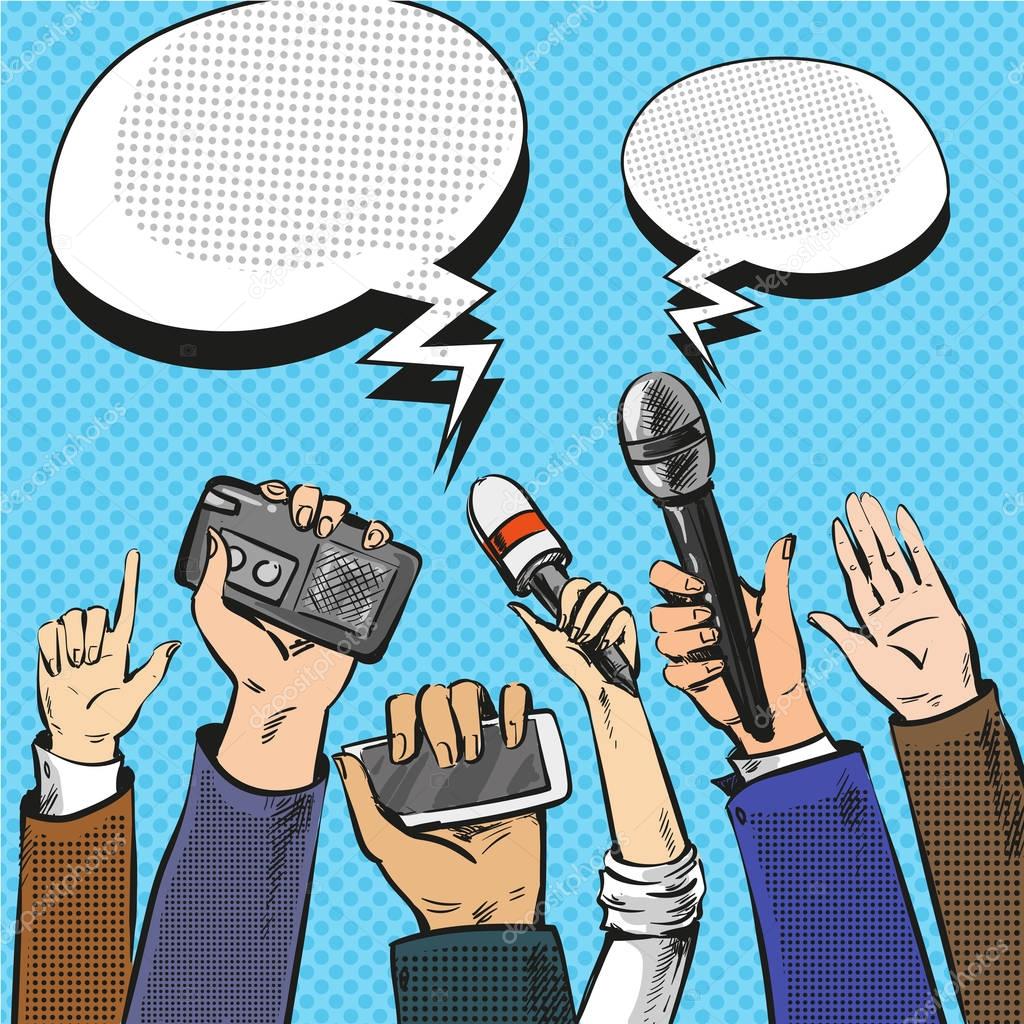 Vector pop art illustration of reporters hands with microphones
