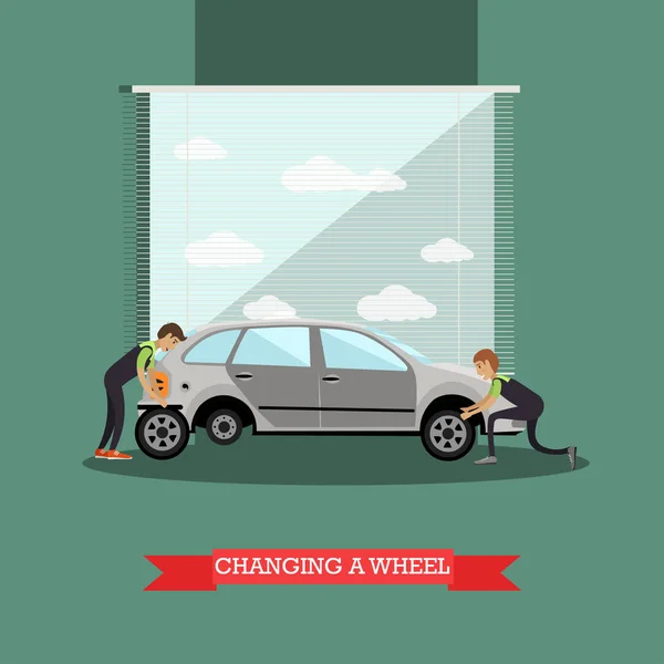 Changement de roue, illustration vectorielle de service de réparation de voiture dans le style plat — Image vectorielle