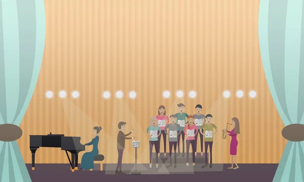 Ilustração vetorial de coro e pianista atuando no palco . — Vetor de Stock