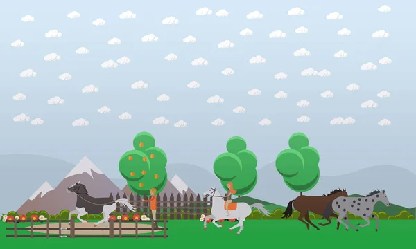 Вільні або дикі коні Векторні ілюстрації в плоскому стилі — стоковий вектор