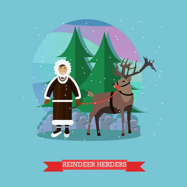 Vektor ilustrasi reindeer penggembala dalam gaya datar - Stok Vektor
