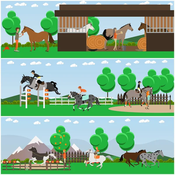 Ensemble vectoriel d'affiches d'équitation, bannières dans le style plat — Image vectorielle