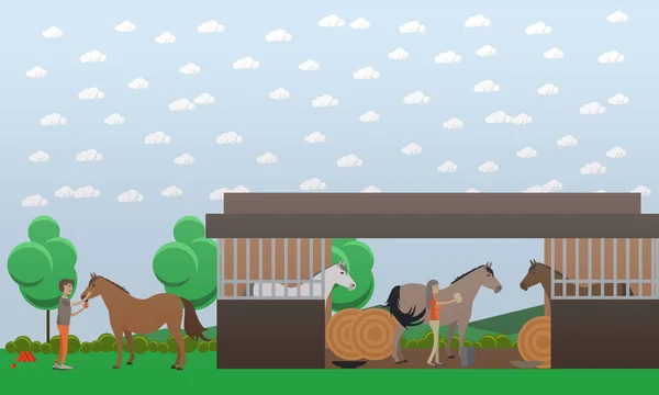 Platte vectorillustratie van stabiel en mensen verzorgen van paarden — Stockvector