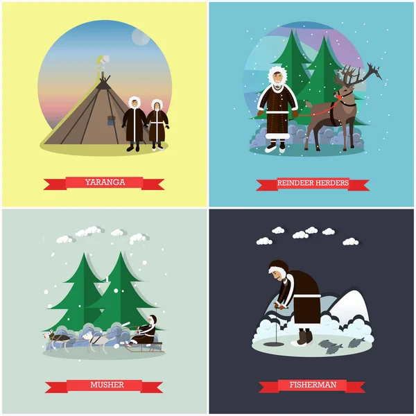 Vector set of wild north posters, banners in flat style — Stock Illustration Vector set of wild north posters, banners in flat style Stock Illustration