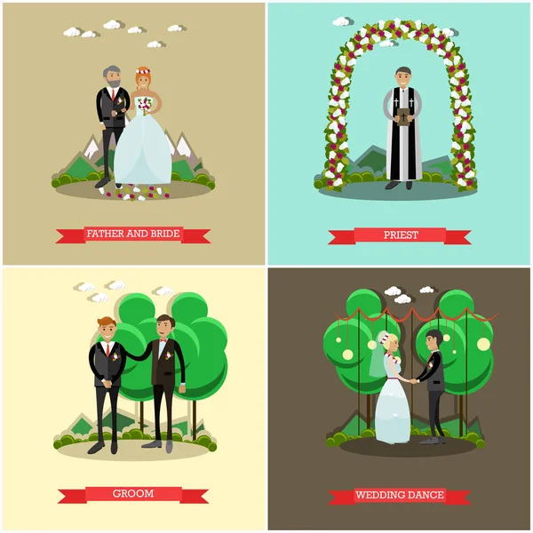 Vector uppsättning bröllop ceremoni affischer i platt stil — Stock vektor