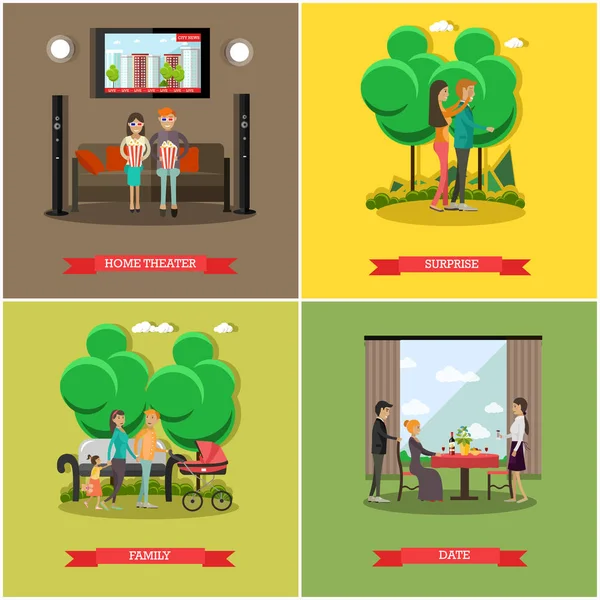 Conjunto vectorial de carteles de parejas felices y amorosas en estilo plano — Vector de stock