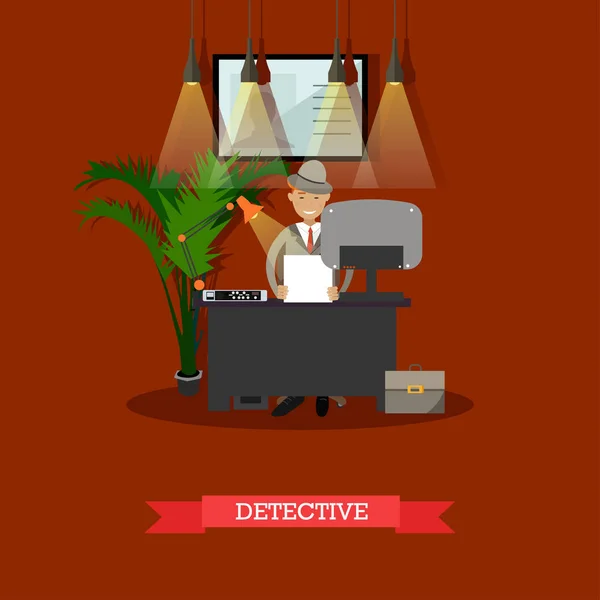 Ilustración vectorial de detective en la oficina en estilo plano — Vector de stock