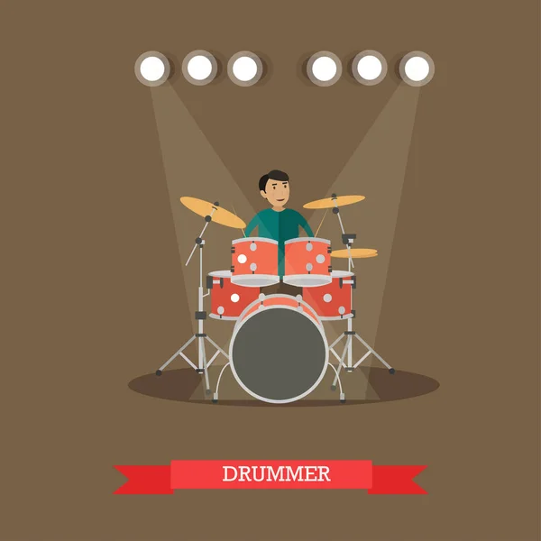 Vector Ilustração do baterista tocando bateria em estilo plano — Vetor de Stock