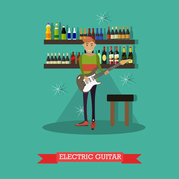 Ilustração vetorial do guitarrista tocando guitarra elétrica em estilo plano — Vetor de Stock