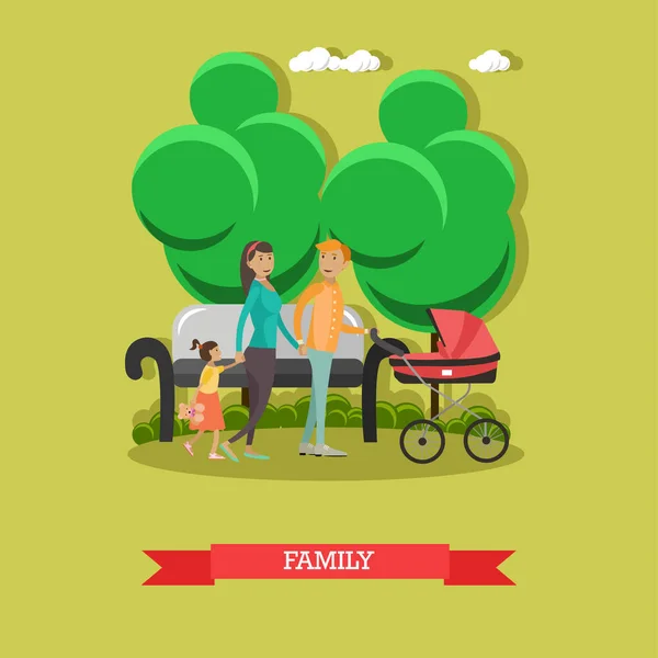 Векторная плоская иллюстрация счастливой семейной прогулки по парку — стоковый вектор