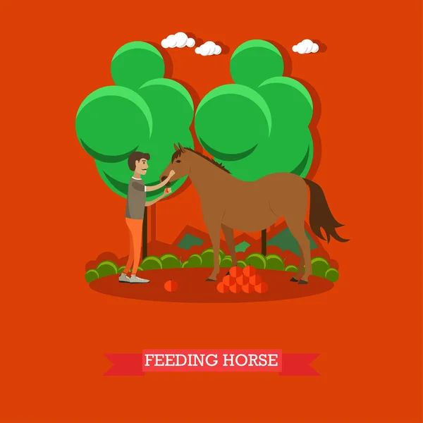 Feeding horse vector illustration in flat style — Stock Vector