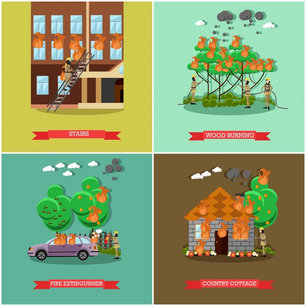 Vector set of fireman posters in flat style. — Stock Vector