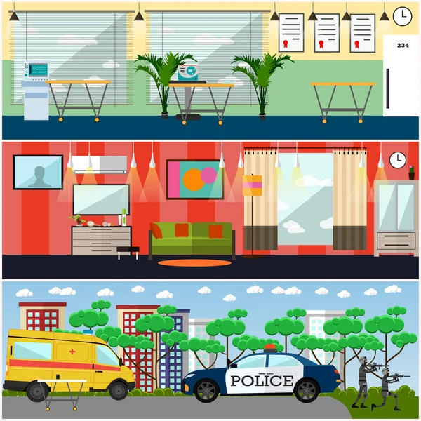 Conjunto vectorial de carteles interiores de primeros auxilios en estilo plano — Archivo Imágenes Vectoriales