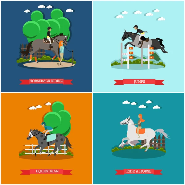 Ensemble vectoriel d'affiches de concept de cheval en style plat — Image vectorielle