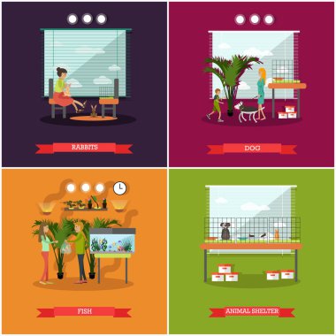 Evcil hayvan posterleri düz stilde vektör ayarla