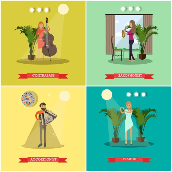 Conjunto de carteles planos vectoriales con músicos tocando instrumentos musicales — Vector de stock