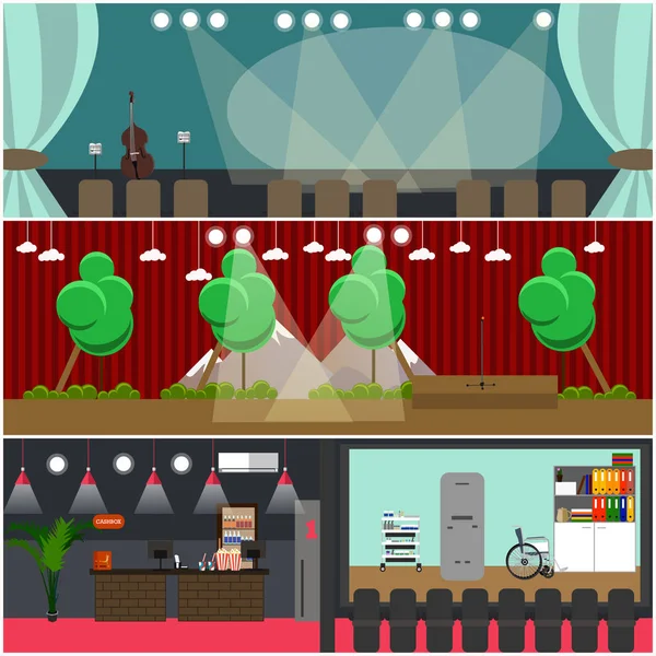 Conjunto vectorial de ópera, cine interior afiches planos — Vector de stock