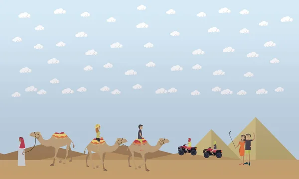 Reise nach Ägypten, Pyramiden, reiten Kamele Konzept Vektor flache Illustration — Stockvektor