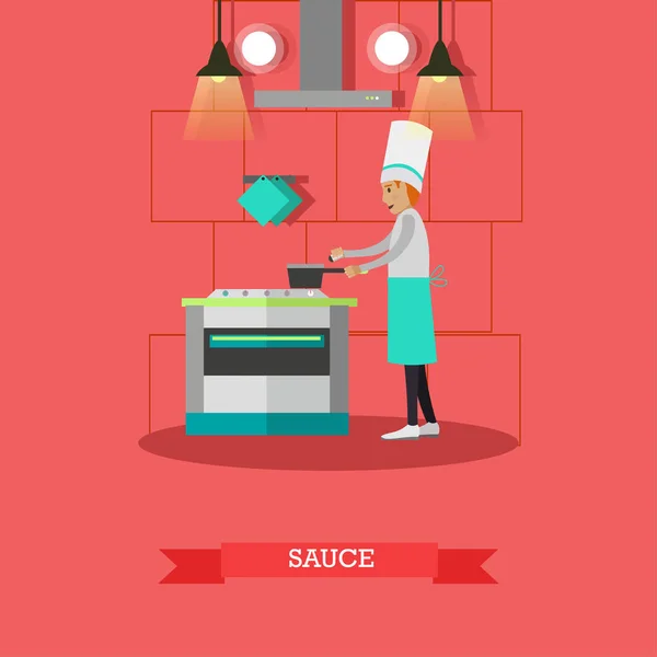 Illustration vectorielle de cuisinier préparant la sauce à plat — Image vectorielle