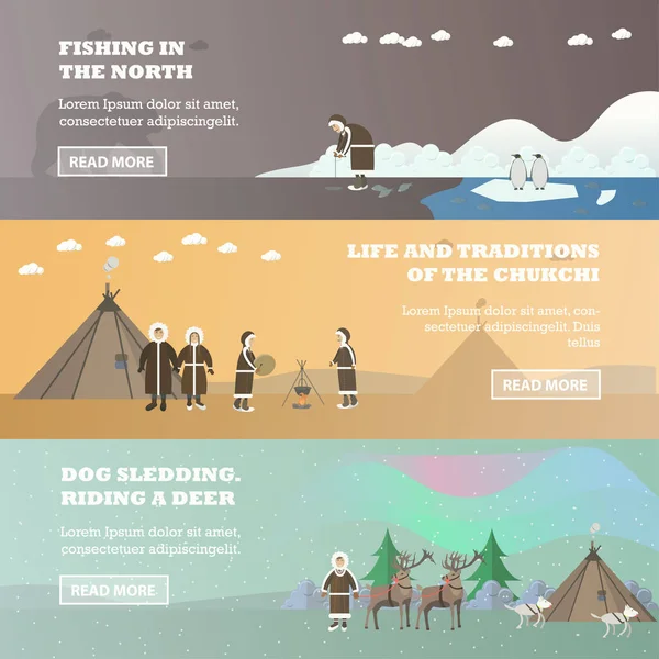 Vector set of north horizontal banners in flat style — Stock Illustration Vector set of north horizontal banners in flat style Royalty Free Stock Illustrations