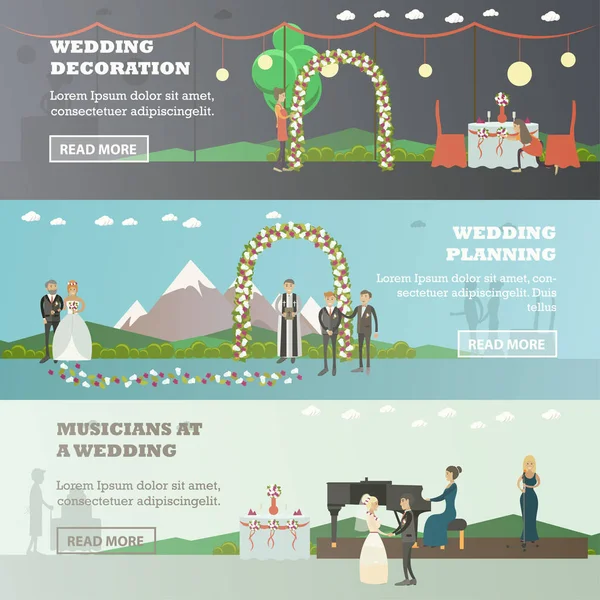 Vektor vízszintes banner lapos stílusú Esküvői szett — Stock Vector
