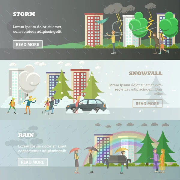 Векторный набор погодных концепций горизонтальных баннеров в плоском стиле — стоковый вектор