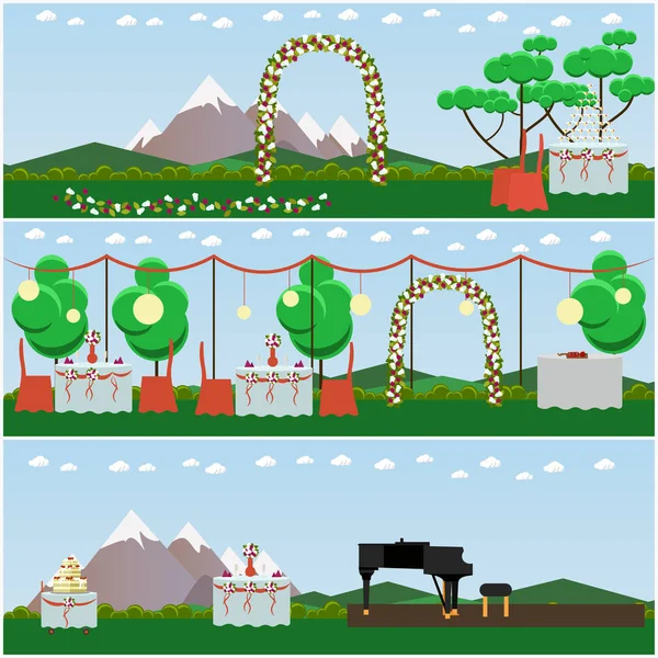 Conjunto vectorial de carteles de paisajes de boda al aire libre en estilo plano — Vector de stock