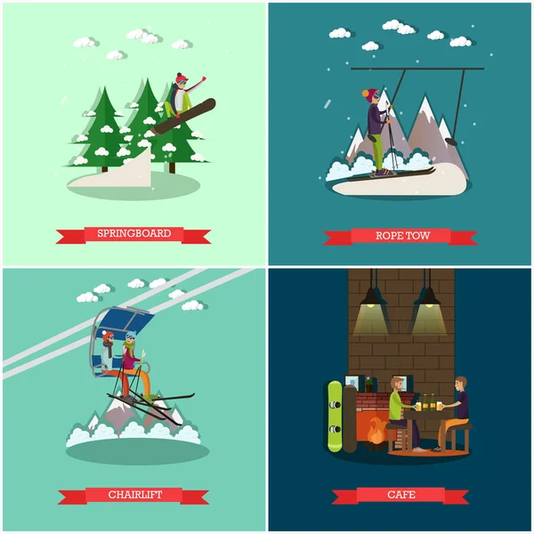 Vector uppsättning vinter semester affischer i platt stil — Stock vektor