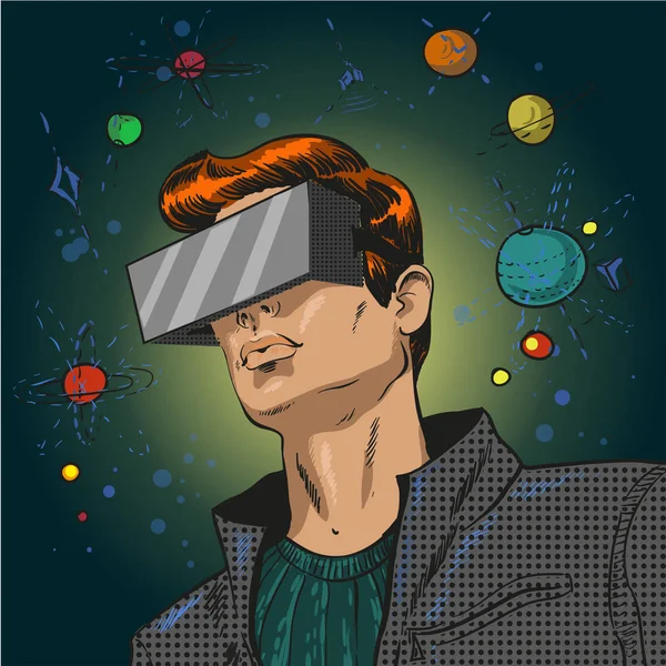 Illustration vectorielle pop art de jeune homme en lunettes anaglyphe 3d — Image vectorielle