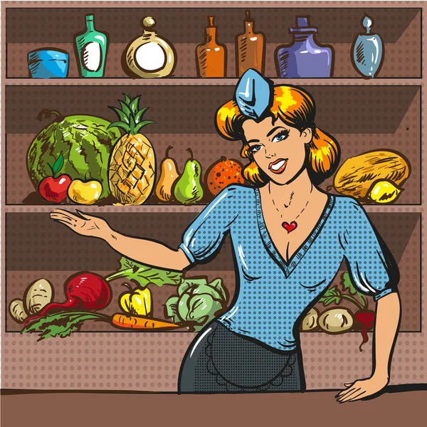 Векторна поп-арт-ілюстрація жінки з фруктами та овочами — стоковий вектор
