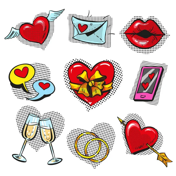 Vector pop arte moda amor insignias conjunto — Archivo Imágenes Vectoriales