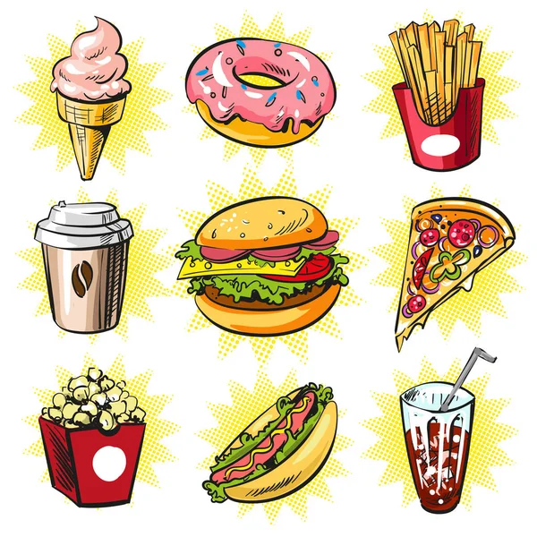 Vector pop art set of trendy fast food patches, badges — Stock Vector
