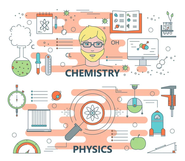 Banderas de concepto de química y física de diseño plano de línea fina vectorial — Vector de stock