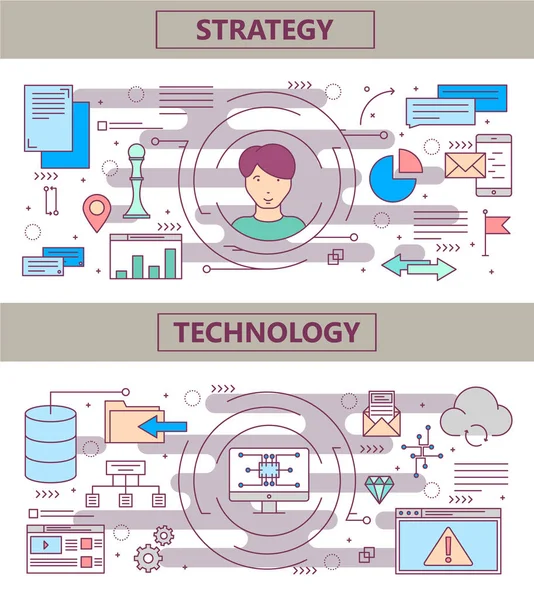 Vector linha fina design plano Estratégia e Tecnologia conceito banners — Vetor de Stock