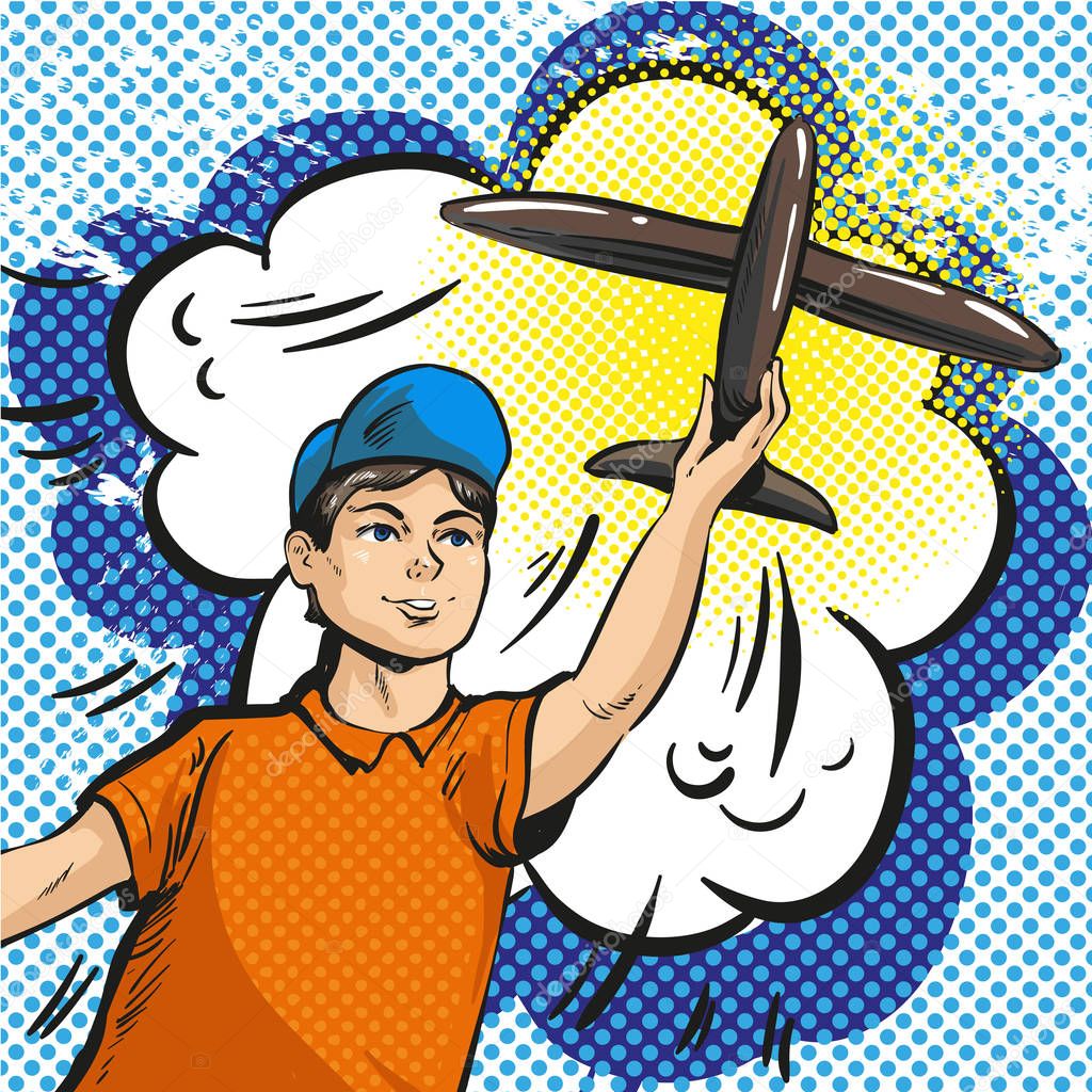 Vector pop art illustration of young boy launching rc plane