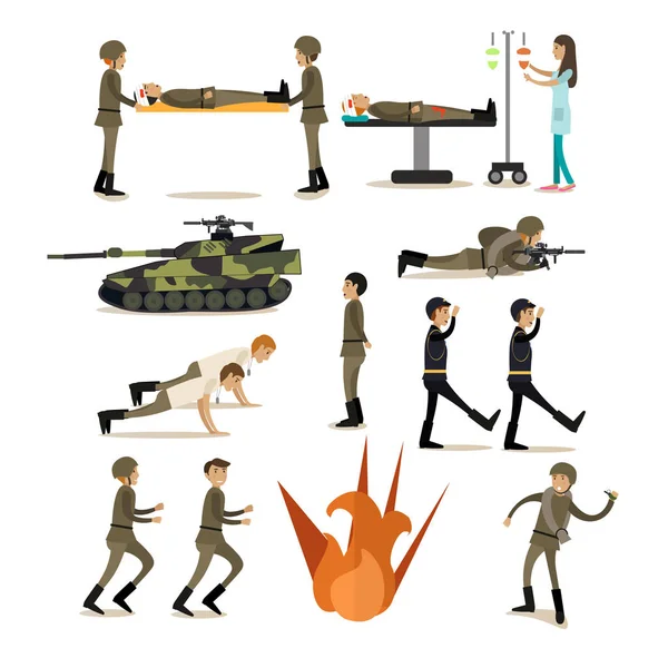 Conjunto de iconos planos vectoriales de militares y equipos — Vector de stock