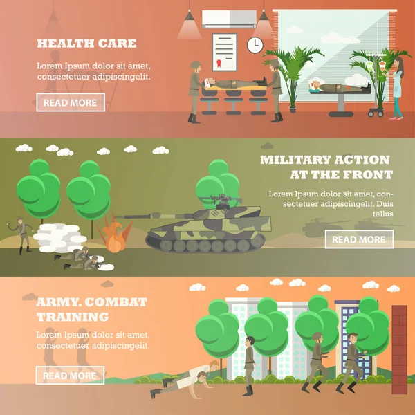 Vector set of military horizontal banners in flat style — Stock Vector