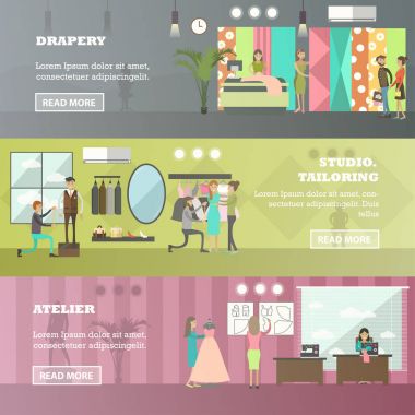 Moda atelier yatay afiş düz stilde vektör ayarla