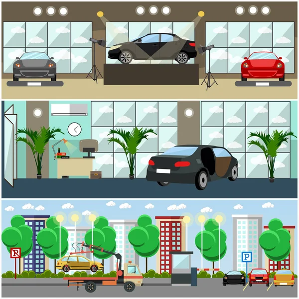 Conjunto vectorial de carteles concepto coches, pancartas en estilo plano — Archivo Imágenes Vectoriales