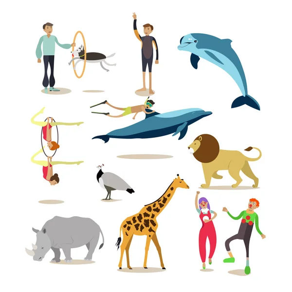 Set di icone piatte vettoriali di delfinario, circo e personaggi dello zoo — Vettoriale Stock
