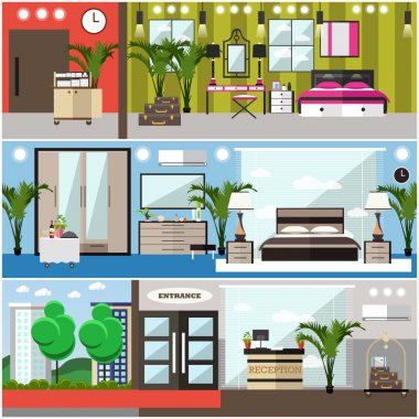 Vektör lüks otel iç düz posterler, afişler ayarla