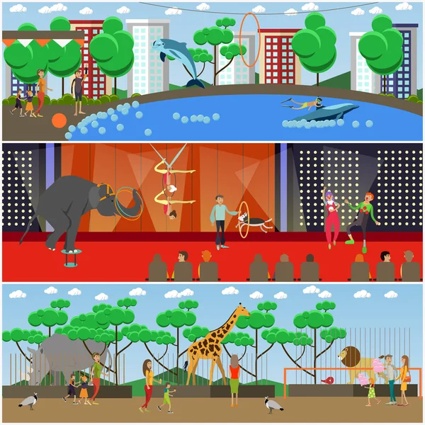 Διάνυσμα σύνολο Δελφινάριο, τσίρκο και ζωολογικό κήπο επίπεδη αφίσες, πανό — Διανυσματικό Αρχείο
