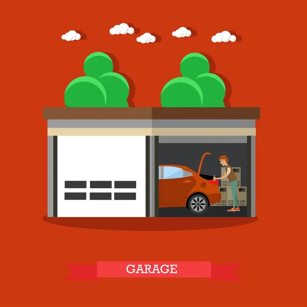 Home garagem vetor ilustração em estilo plano —  Vetores de Stock