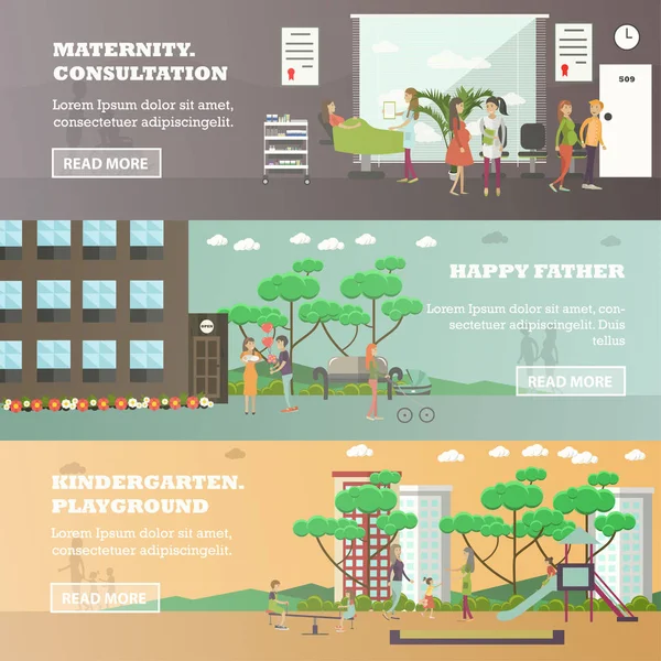 Conjunto vectorial de pancartas horizontales de maternidad y jardín de infantes — Vector de stock