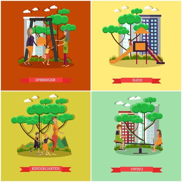 Vector set of kindergarten kids posters in flat style. — Stock Vector