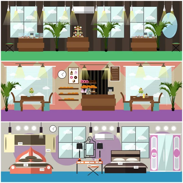 Conjunto vectorial de carteles planos concepto interior tienda, pancartas — Archivo Imágenes Vectoriales